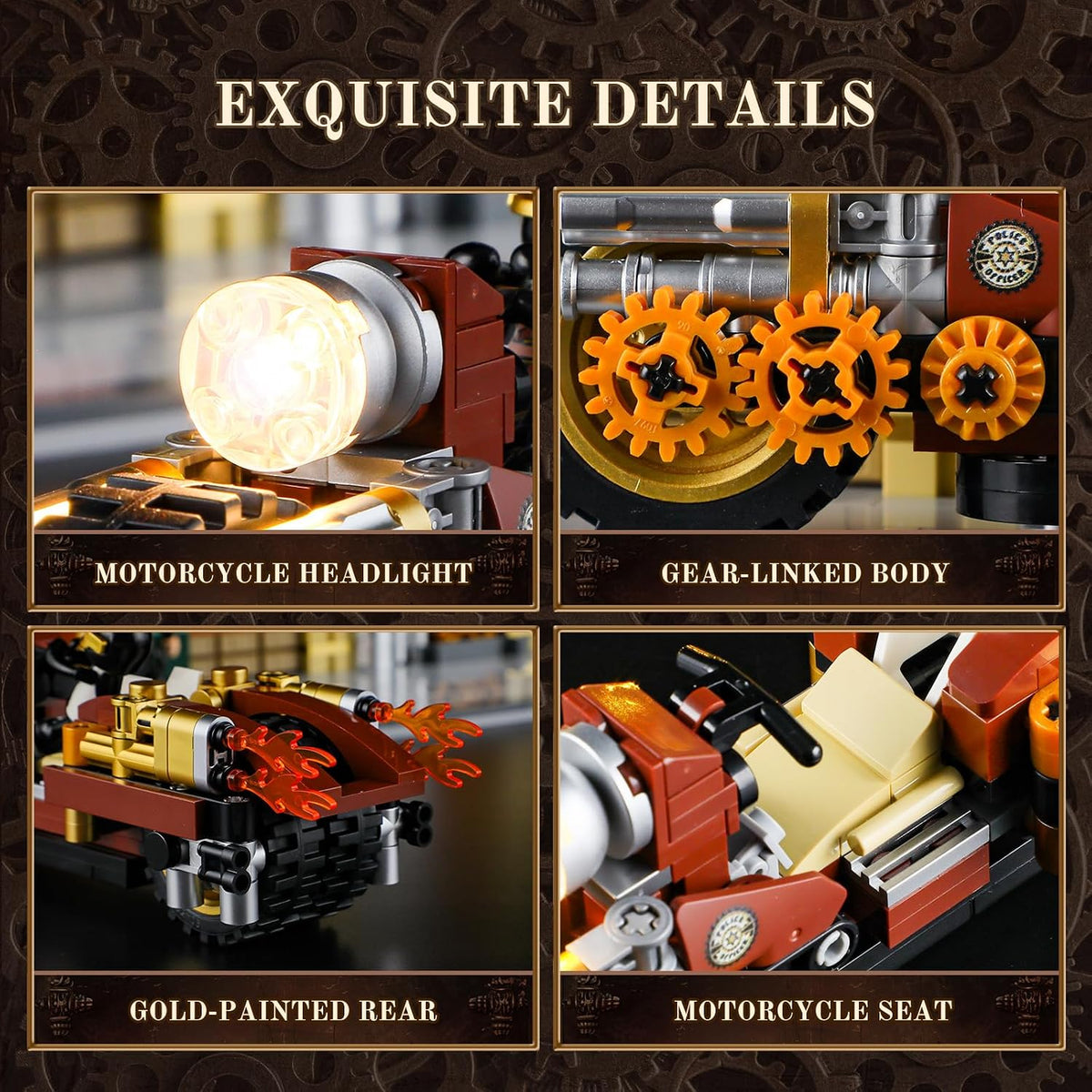 SUSENGO Steampunk Motorcycle Chase Lighting Building-Bricks Set - Flying Motorbike Toy 424 Pcs Collection Display Set for Adults and Steampunk Lovers