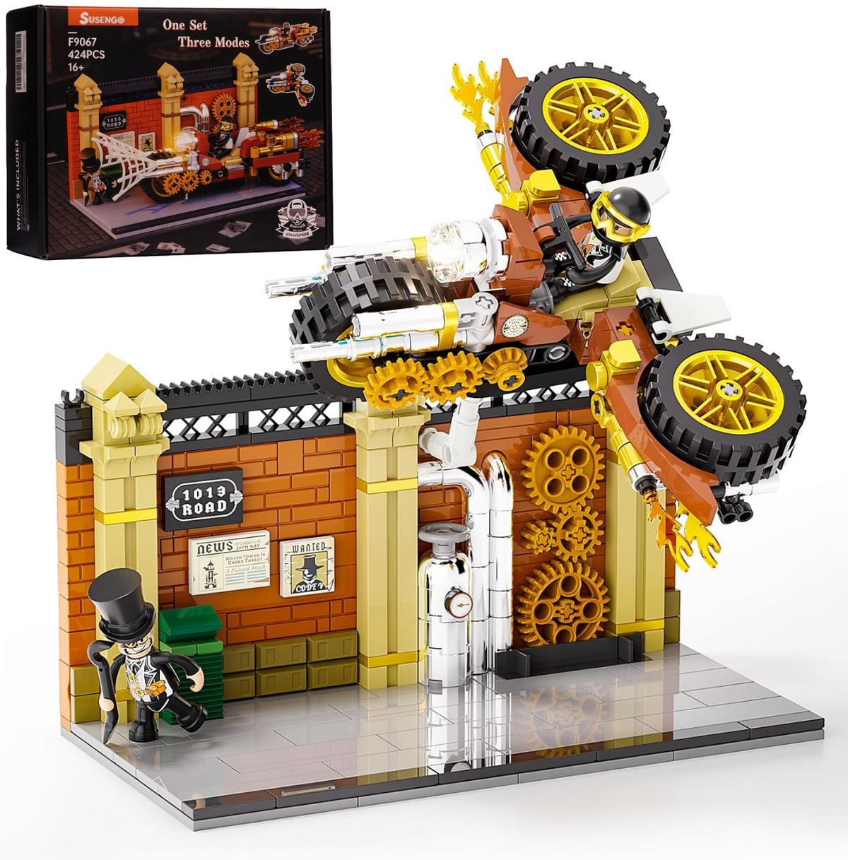 SUSENGO Steampunk Motorcycle Chase Lighting Building-Bricks Set - Flying Motorbike Toy 424 Pcs Collection Display Set for Adults and Steampunk Lovers