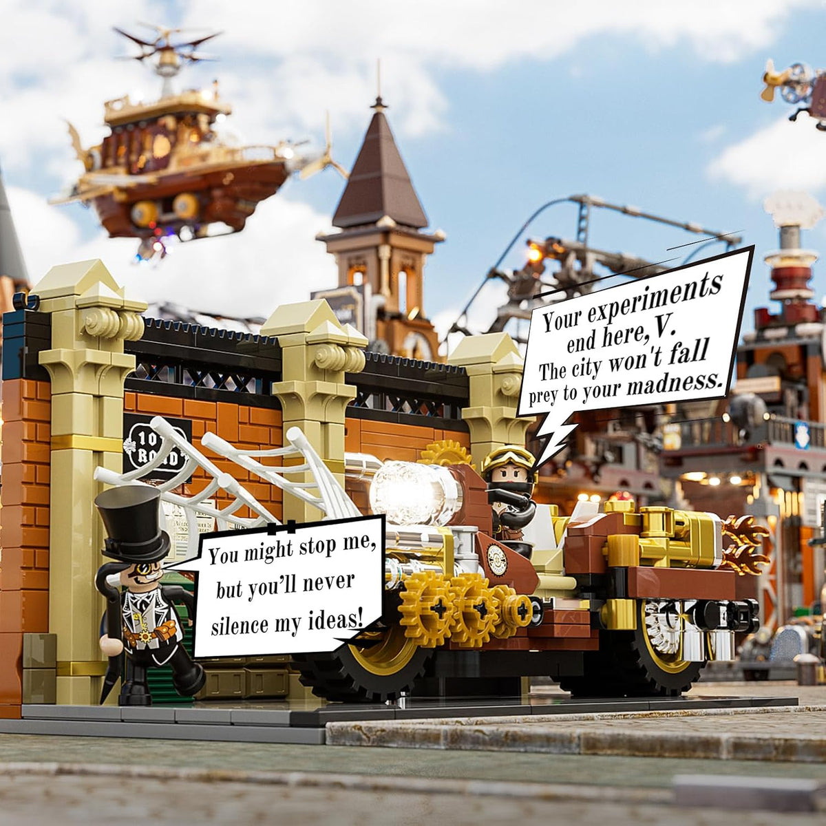 SUSENGO Steampunk Motorcycle Chase Lighting Building-Bricks Set - Flying Motorbike Toy 424 Pcs Collection Display Set for Adults and Steampunk Lovers