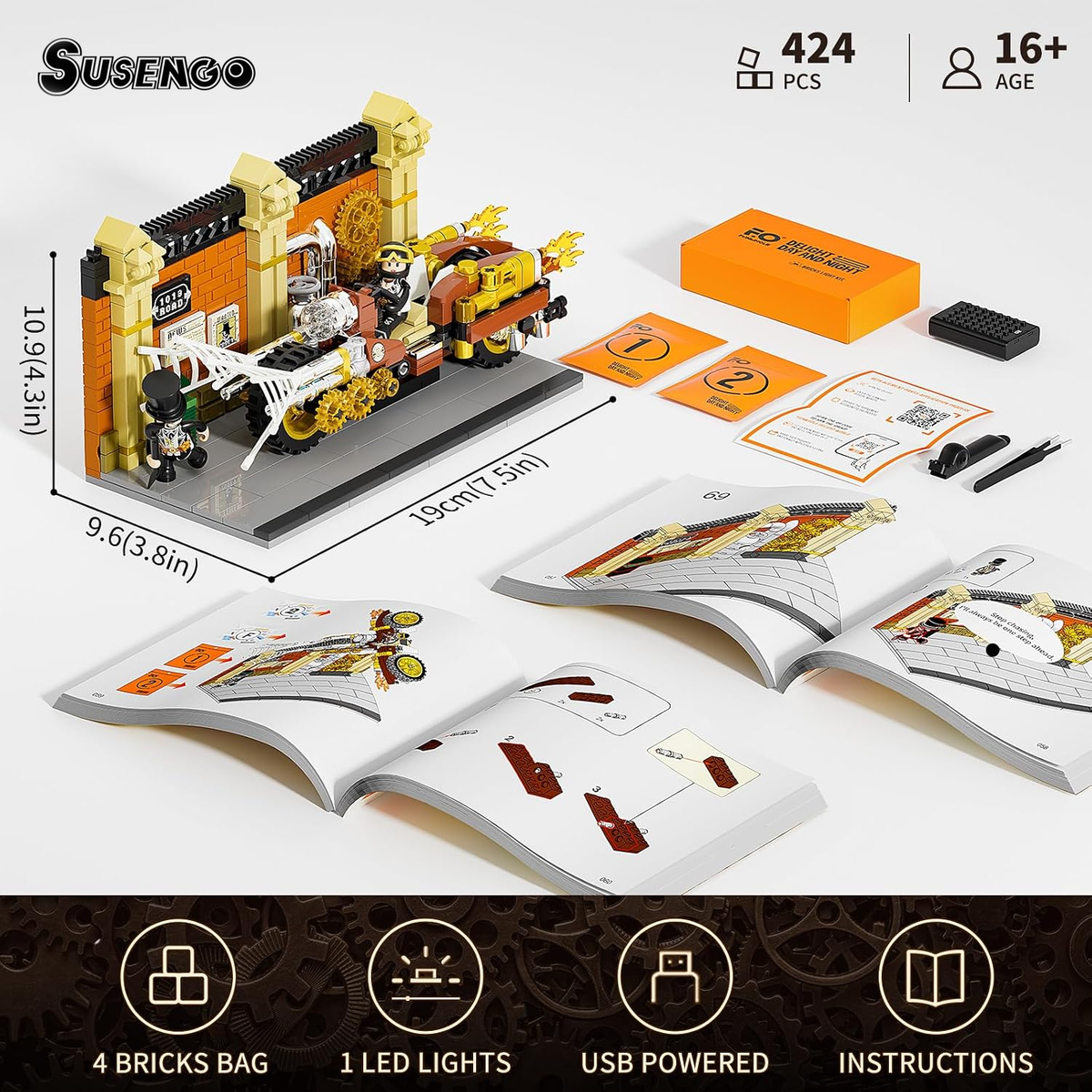 SUSENGO Steampunk Motorcycle Chase Lighting Building-Bricks Set - Flying Motorbike Toy 424 Pcs Collection Display Set for Adults and Steampunk Lovers