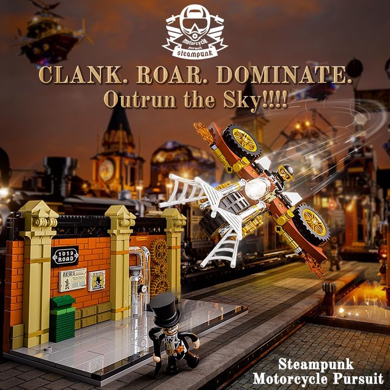 SUSENGO Steampunk Motorcycle Chase Lighting Building-Bricks Set - Flying Motorbike Toy 424 Pcs Collection Display Set for Adults and Steampunk Lovers